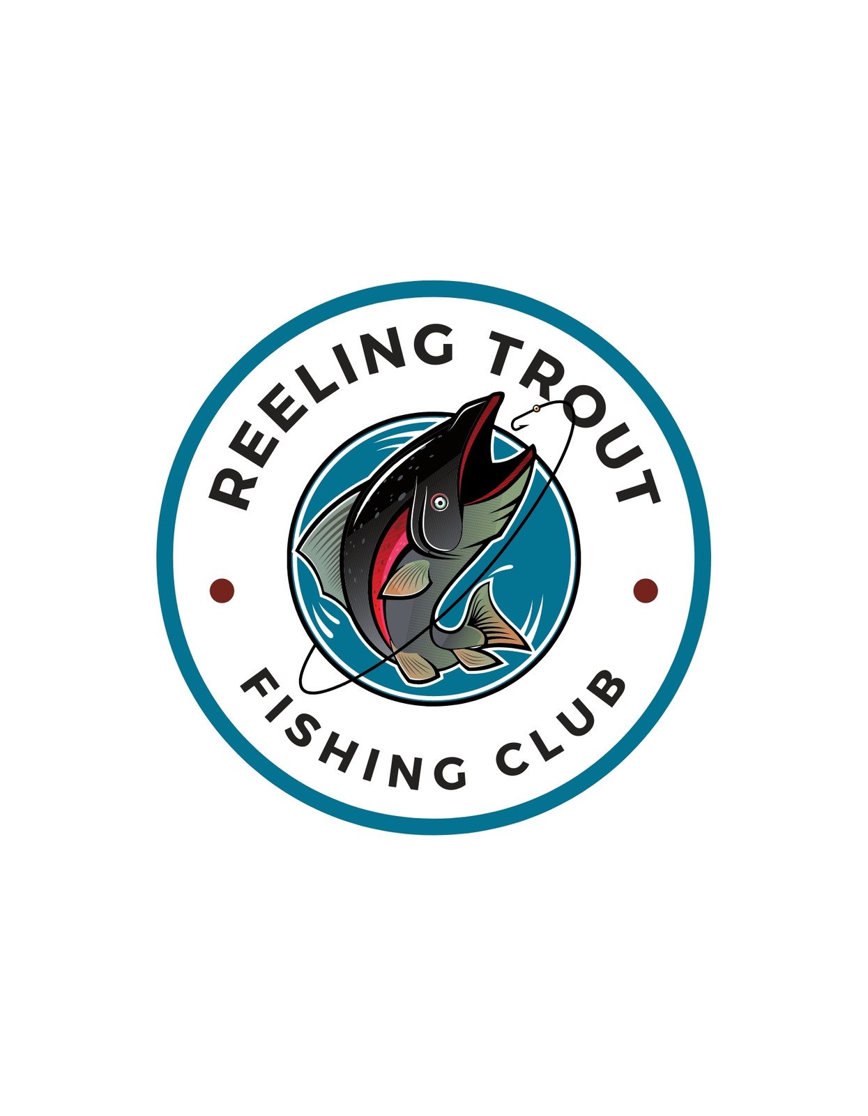 Egy dinamikus, színes, pörgős pisztrángot ábrázol az embléma, mely egy horgászbot végén kapaszkodik, körben felirattal, ami a "Reeling Trout Fishing Club" nevet olvashatjuk. 