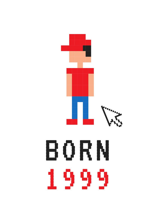 A nosztalgikus pixelgrafikus dizájn egy figurát ábrázol piros sapkában és színes ruházatban, valamint a "Született 1999" felirattal, ami igazi retro hangulatot áraszt.