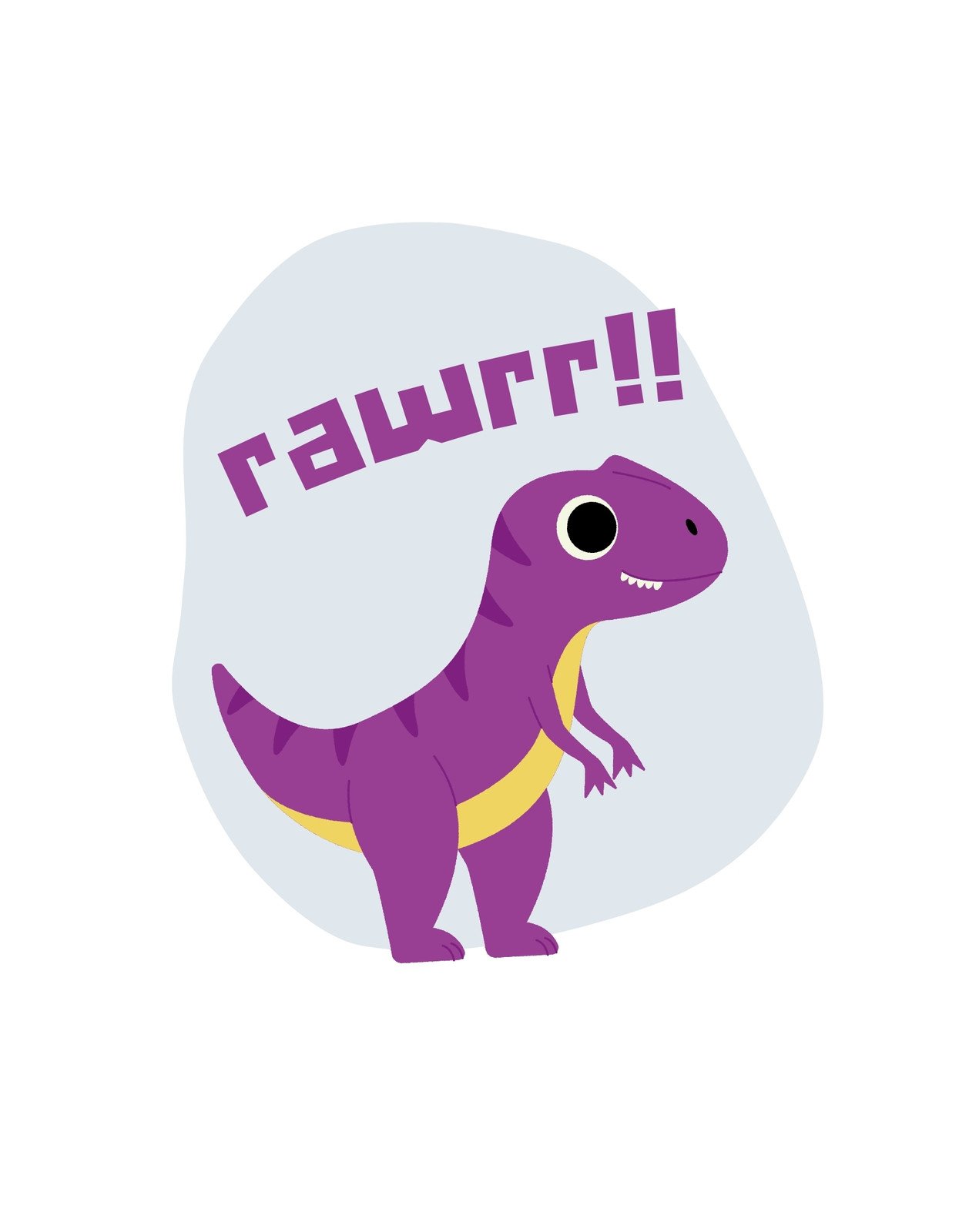 Egy kedves, mosolygós dinoszaurusz díszíti a képet, lila színben, vicces „rawrrr!” felirattal a feje fölött. 