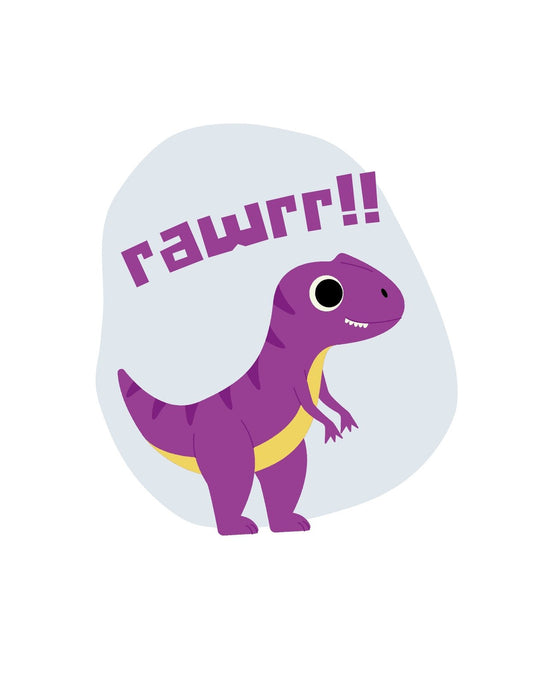 Egy kedves, mosolygós dinoszaurusz díszíti a képet, lila színben, vicces „rawrrr!” felirattal a feje fölött. 