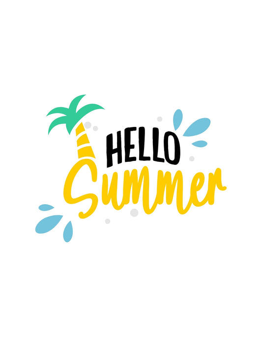 Vidám nyári hangulatot árasztó dizájn, melyen egy pálmafa és a "HELLO SUMMER" felirat látható vidám színekkel és fröccsenő vízcseppekkel. 