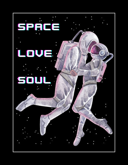 Az űr végtelen sötétségében egy szerelmes űrhajós pár ölelkezik, miközben színes "SPACE LOVE SOUL" felirat lengi körül őket. Csillagok hintéznek a háttérben, mintha az univerzum is ünnepli ezt a különleges kapcsolatot. 