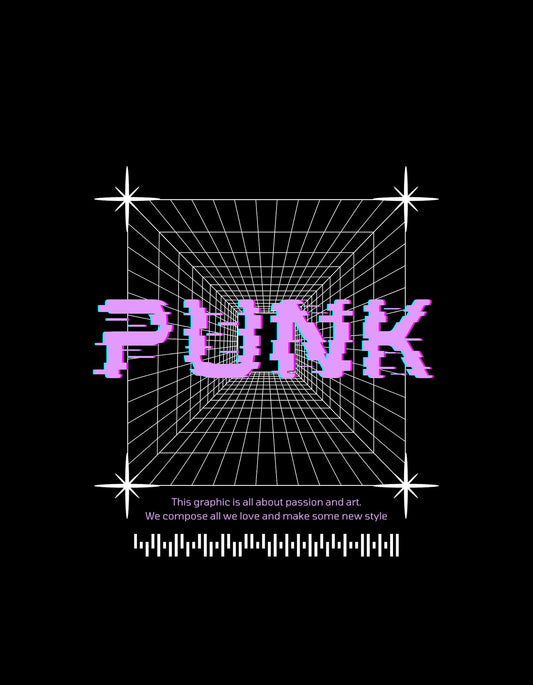 A képen egy 3D-s rácsos hátteret látunk, amely egy perspektívikus tér érzetét kelti, és ezen világítanak fel a neon pink "PUNK" betűk, erős dinamikus hangulatot kölcsönözve a designnak. Néhány csillag és hullámformák teszik teljessé a vizuális élményt.