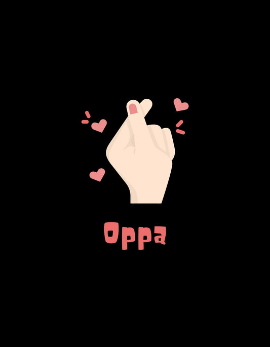 Egy felemelt, szívekkel körülvett kézmutatás látható a képen, alatta "Oppa" felirattal, ami a koreai popkultúra szeretetét és lelkesedését fejezi ki. 