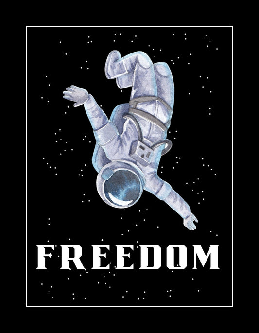 Egy űrhajóst ábrázol a kép, aki súlytalanságban lebeg az űrben, csillagokkal teli háttérrel és a "FREEDOM" felirattal alatta. A design a korlátlan szabadság és a végtelen tér érzését sugározza. 