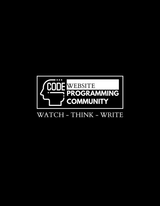 Egy emberi fejet ábrázoló ikon, amiben a "CODE" szó látható, körülötte pedig a "WEBSITE", "PROGRAMMING", "COMMUNITY", "WATCH", "THINK" és "WRITE" szavakat tartalmazó szövegdobozok találhatóak. 