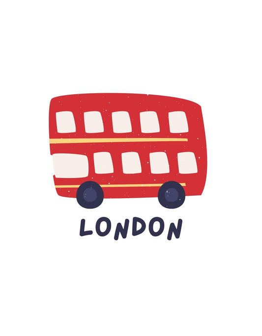 Egy ikonikus vörös londoni emeletes busz látható a képen, melynek oldalára "LONDON" felirat van nyomtatva, egyszerű és kedves grafikai stílusban. 