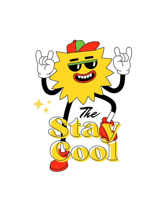 Egy vidám hangulatot árasztó, napszemüveges karakter, aki a "Stay Cool" feliratot tartja, és csillagok veszik körül. 