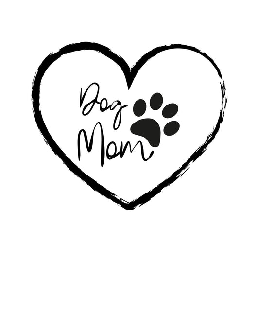 Egy letisztult vonalvezetésű szív kontúrja veszi körül a "Dog Mom" feliratot, melynek "o" betűjében egy mancs lábnyom helyezkedik el, kifejezve ezzel a kutyás anyák szeretetét és büszkeségét. 