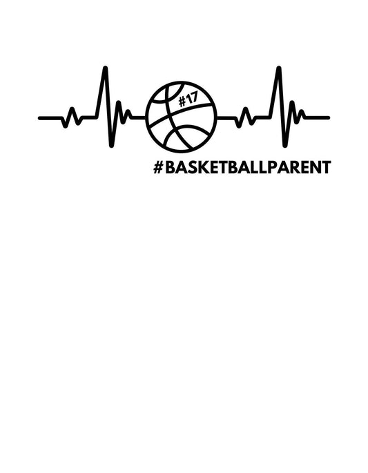 Egy kreatív pulzáló vonal, amely egy kosárlabdába olvad át, a mezszámot (#17) és a '#BASKETBALLPARENT' feliratot is magába foglalja, kifejezve ezzel a kosárlabda iránti szenvedélyt és a szülői büszkeséget.