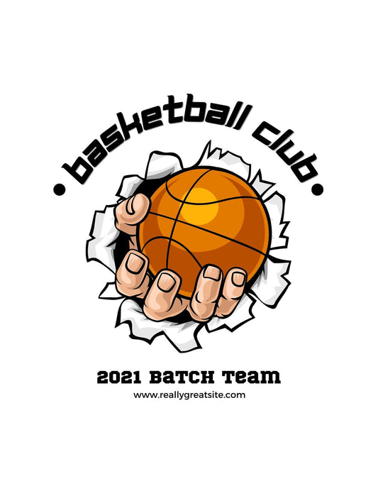 Egy lendületes kéz, amint áttöri a papírt és magabiztosan tart egy kosárlabdát, körülötte a "basketball club" szöveggel és az 2021-es év jelzésével.
