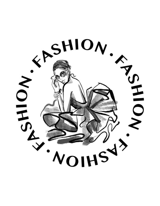 Egy divatos nőt ábrázoló grafika, fekete-fehér kivitelben, dinamikus és modern vonalvezetéssel. Körben a "FASHION" szó ismétlődése erősíti az összkép eleganciáját. 