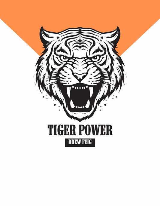 Egy vad és energikus tigris fejét ábrázolja a kép, szinte érezhető a nyers erő, amit sugároz. A tigris felnyitott szájjal ordít, dinamikus vonalvezetéssel, letisztult fekete és fehér színekkel. 