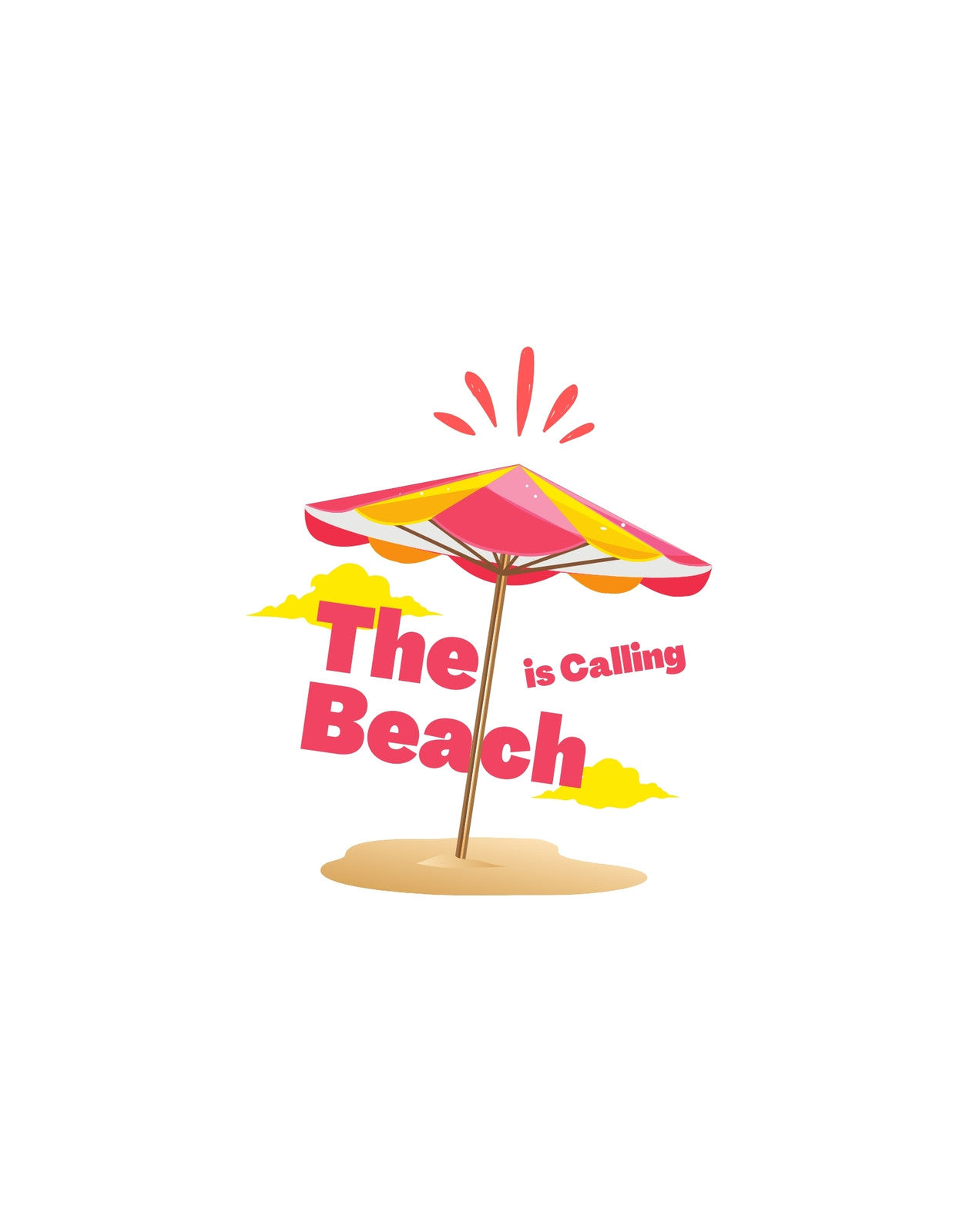 A képen egy napernyő ábrázolódik, amely egy homokdombra van helyezve, mellette a "The Beach is Calling" felirat látható, ami a tengerpart vonzását sugallja. 