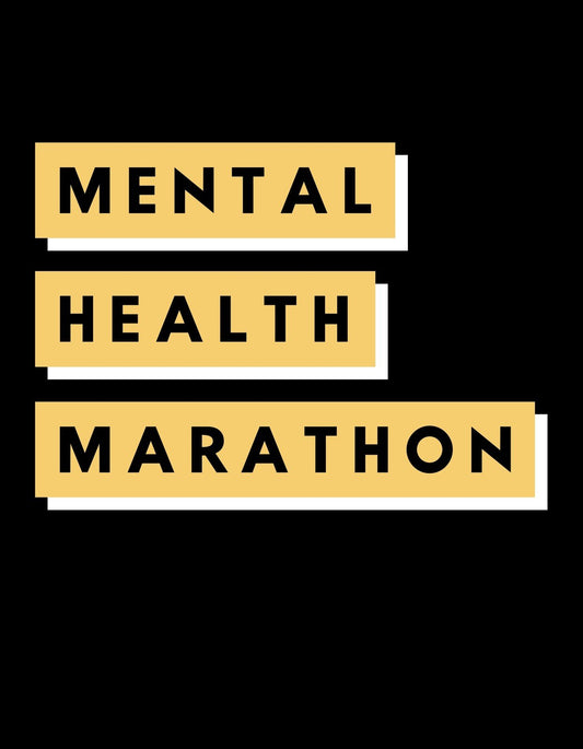 A képen a "MENTAL HEALTH MARATHON" szöveg látható, amely sárga színű téglalapokra van helyezve fekete háttérrel, szimbolizálva az elszántságot és kitartást a mentális egészség fontosságához kapcsolódóan. 