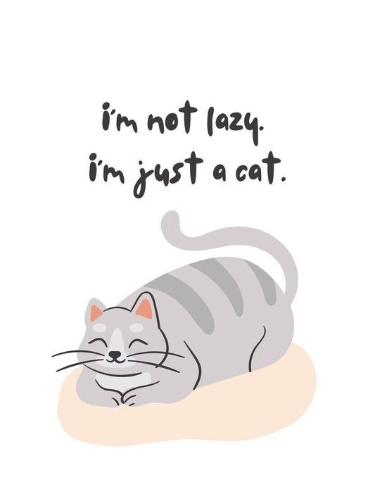 Egy békésen szendergő, mosolygó macska ábrázolása, aki éppen egy párna tetején pihen. A kép mellett humoros szöveg olvasható: "Nem vagyok lusta, csak macska." 