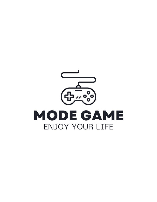 Egy letisztult dizájnú játékkonzol kontrollert ábrázol, amely felett a "MODE GAME" felirat olvasható, az "ENJOY YOUR LIFE" szöveggel alatta. A grafika minimalista és modern stílust sugall. 