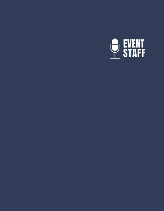 Ez a kép egy egyszerű, mégis stílusos dizájnt mutat, fehér szöveggel és mikrofon szimbólummal az "EVENT STAFF" felirattal kék háttéren. 