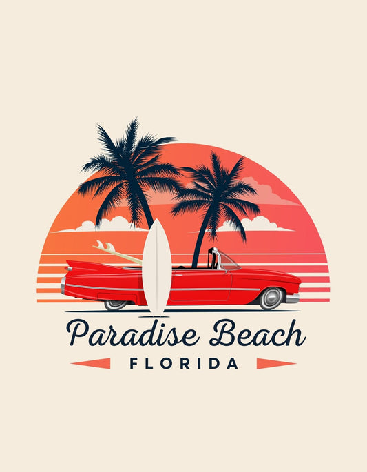 Naplementés óceánparti jelenet egy régi vörös kabrióval és szörfdeszkával, háttérben pálmafákkal és a "Paradise Beach Florida" felirattal. 