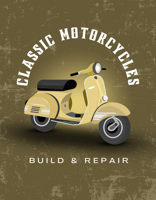  Hagyományos motor dizájn az időtálló stílus kedvelőinek, amely egy klasszikus motorkerékpárt ábrázol "Classic Motorcycles - Build & Repair" felirattal. 