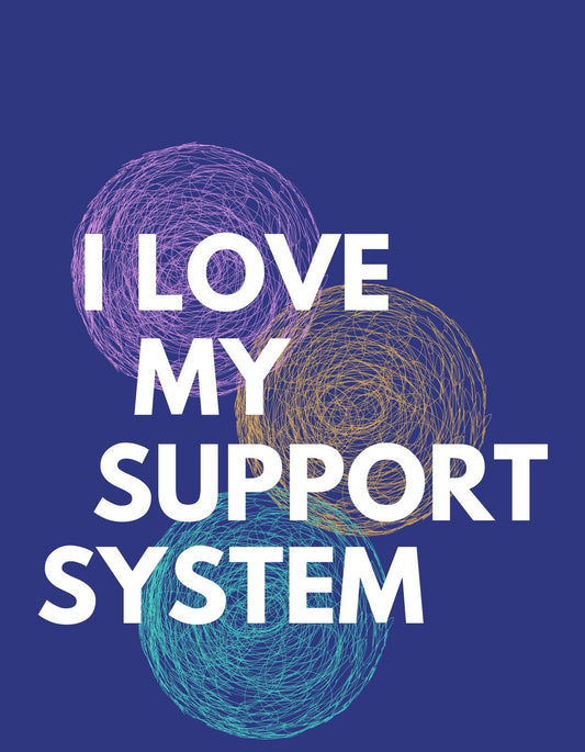Színpompás gubancok egy mélykék háttéren, melyek középpontjában az "I LOVE MY SUPPORT SYSTEM" felirat áll büszkén. 