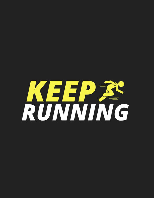 Egy dinamikus és motiváló dizájn, ami egy futó sziluettjét ábrázolja lendületes pozícióban a "KEEP RUNNING" felirattal. A design sárga és fehér színei erőteljes kontrasztot képeznek a fekete háttérrel. 