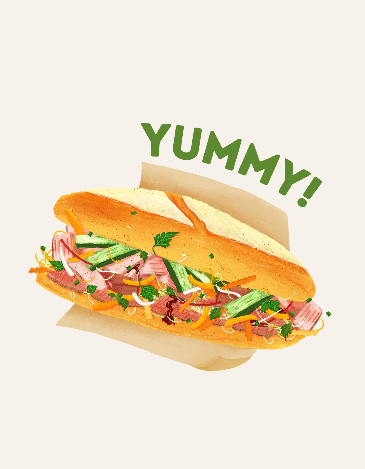 Egy ínycsiklandó szendvicsről készült illusztráció, mely színes zöldségekkel, húsokkal van megtöltve, felirattal, hogy "YUMMY!". 