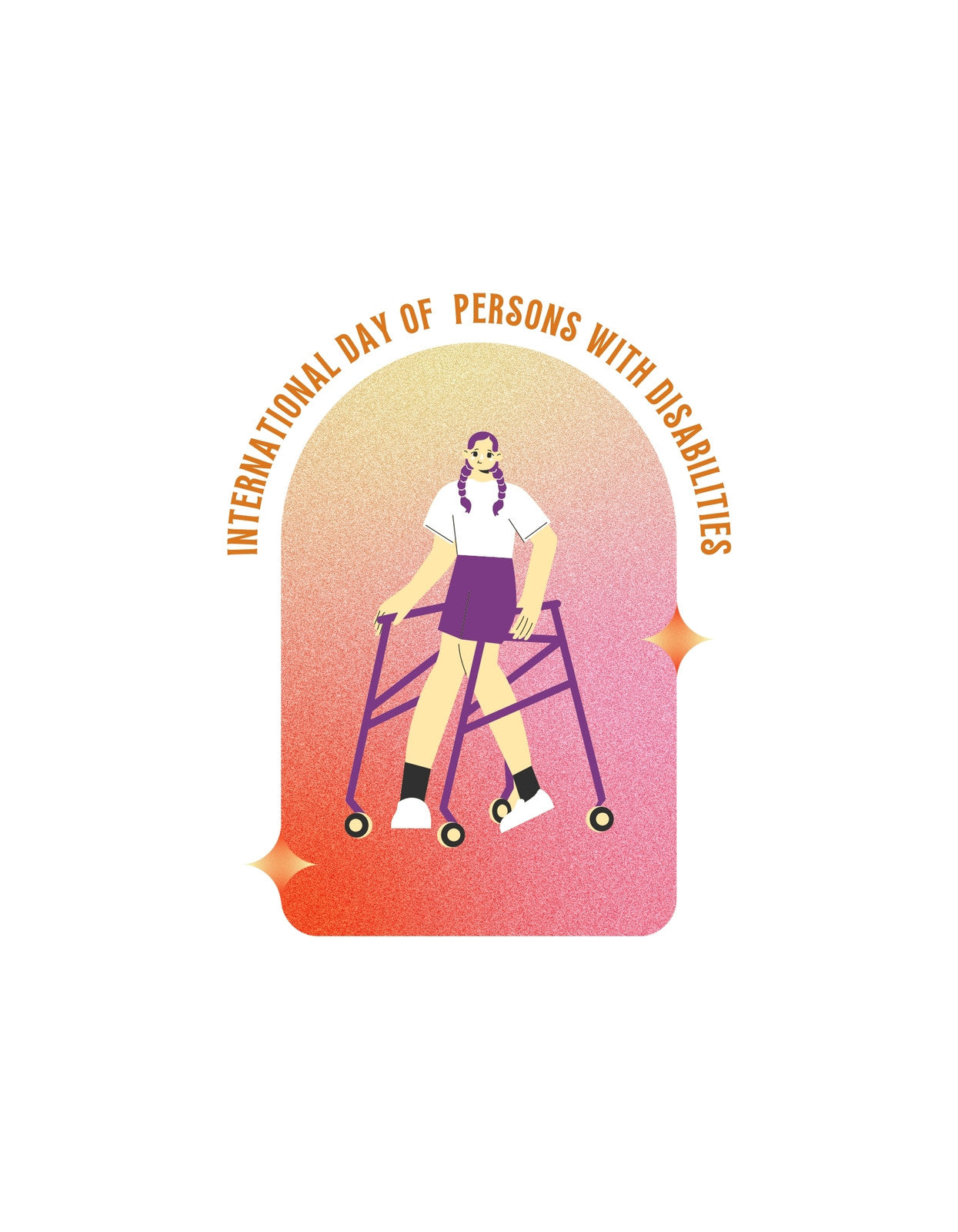 Egy járókerettel közlekedő személy ábrázolása, aki bátorságot és pozitív attitűdöt sugároz. A kép hátterében az "International Day of Persons with Disabilities" felirat látható, mely inspiráló és derűs hangulatot kelt. 