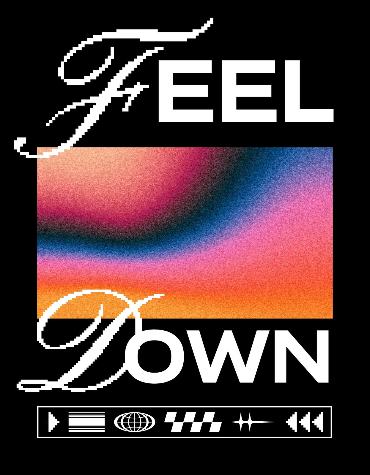 Egy pixeles hangulatú grafika, ahol a "FEEL" és "DOWN" szövegek nagy betűkkel vannak megjelenítve, szivárványos háttérrel és retro elemekkel. 