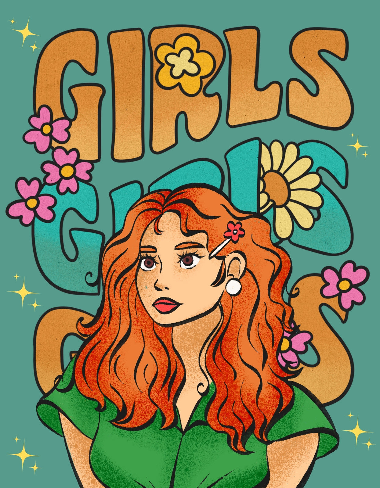 A képen egy vörös hajú női portré látható nagy, aranyos virágokkal díszített "GIRLS" felirattal a háttérben. A dizájn vidám színkombinációt és játékos hangulatot sugároz. 