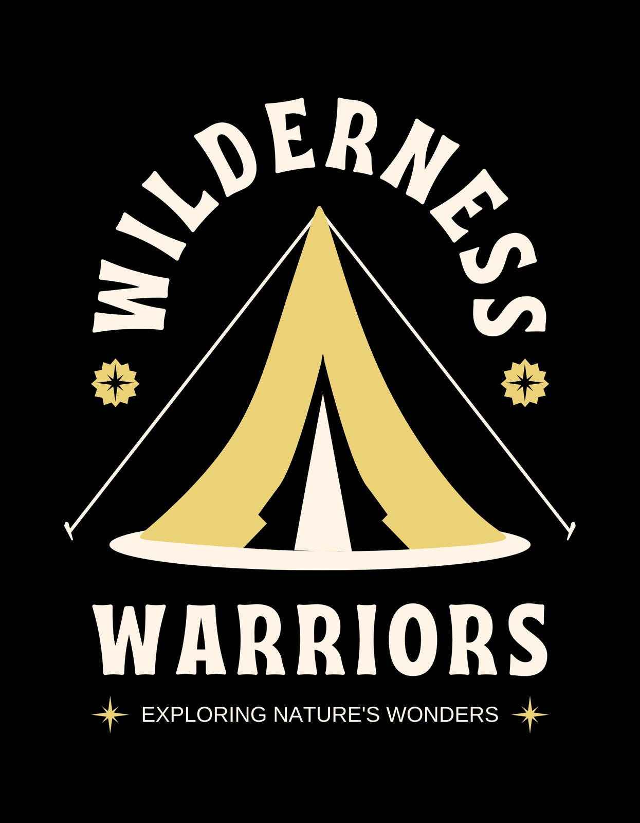 Egy minimalista, de hatásos grafikával ellátott dizájn, amely egy sátrat ábrázol a "Wilderness Warriors" szöveg körül, kalandvágyó természetjáróknak. 