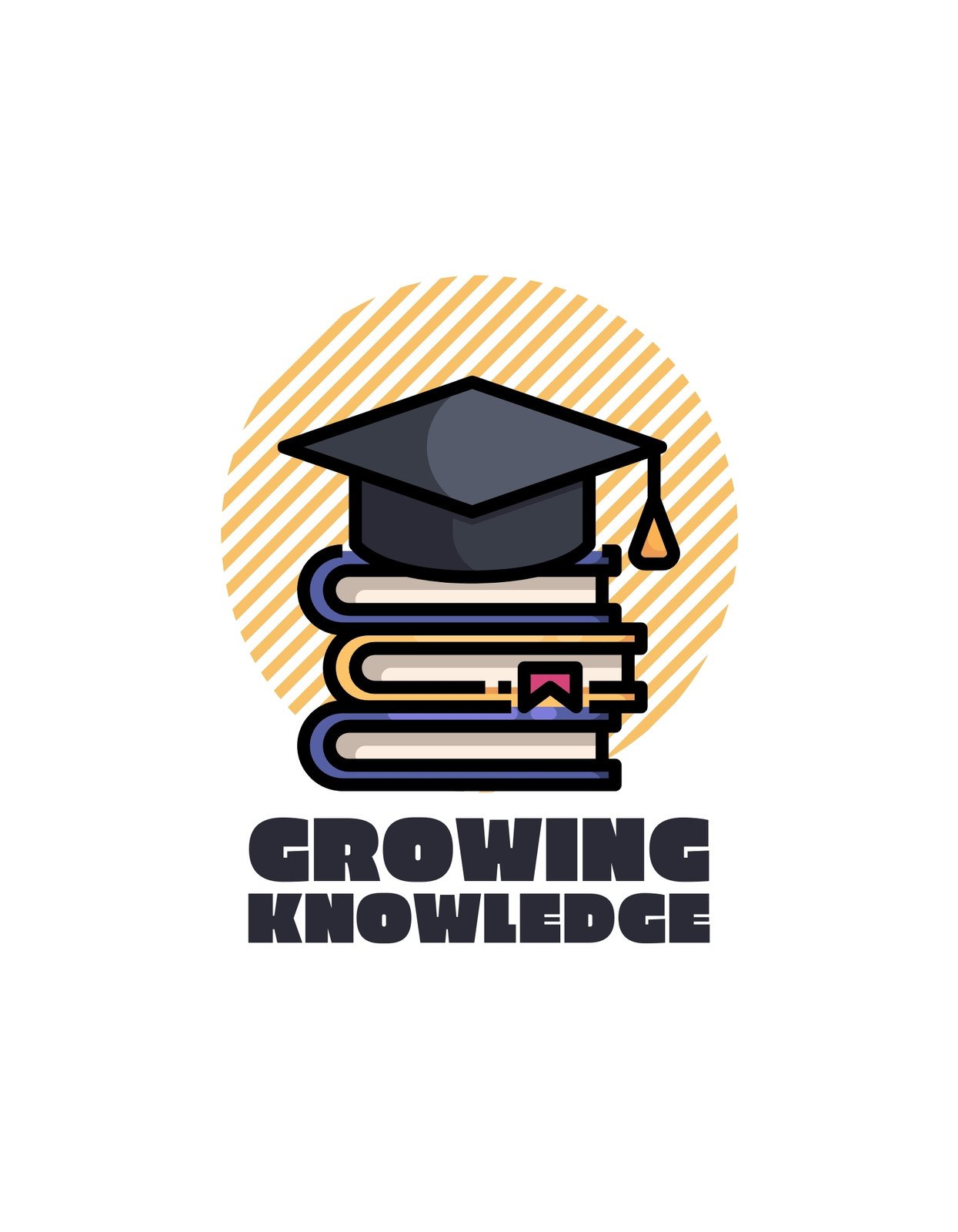 Az illusztráción egy halom könyv látható, melyek tetején egy diplomaösztönző szalaggal ellátott doktori kalap pihen, az "Growing Knowledge" felirattal. 