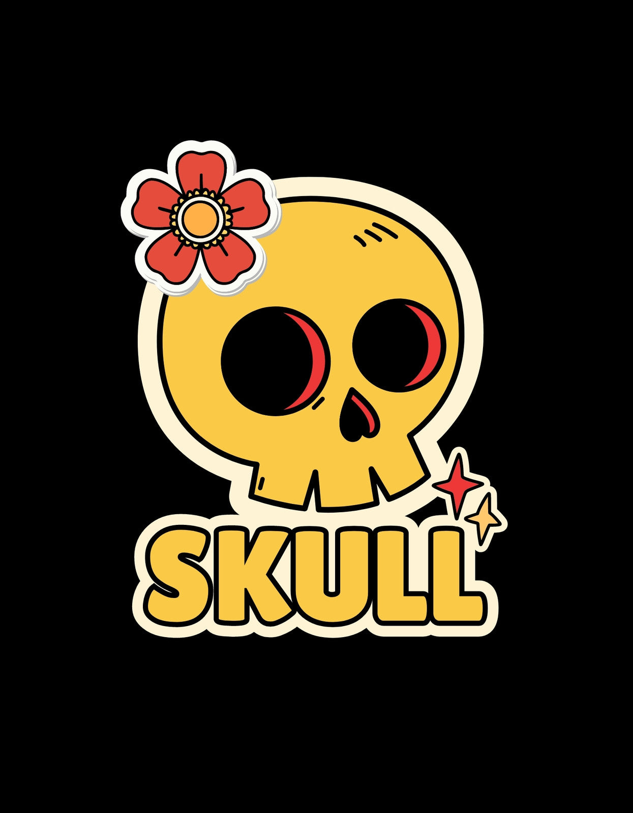 Egy vidám hangulatú koponyát látunk, amelyet egy színes virág és csillagok díszítenek, fölötte a "SKULL" felirattal. 