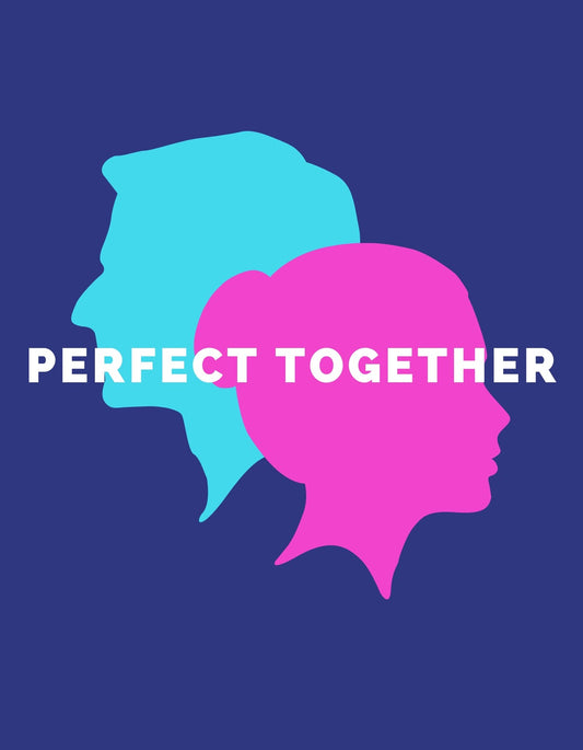 Egy férfi és egy női sziluett látható egymás felé fordulva, élénk kék és rózsaszín árnyalatokban, "PERFECT TOGETHER" felirattal. 