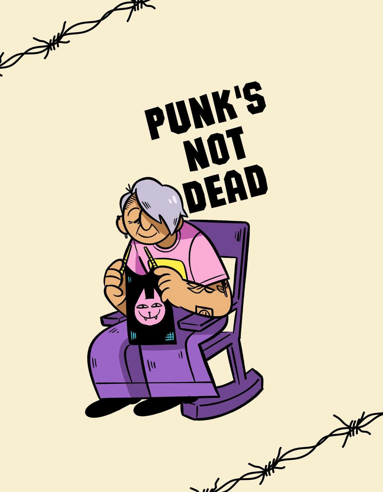 Egy idős hölgy látható a képen, aki egy hintaszékben ül, és kötöget, de stílusa nem a megszokott. Rózsaszín pólót és egy punk stílusú, macskás táska visel, ezzel üzenve, hogy a punk szellem sosem hal meg. 