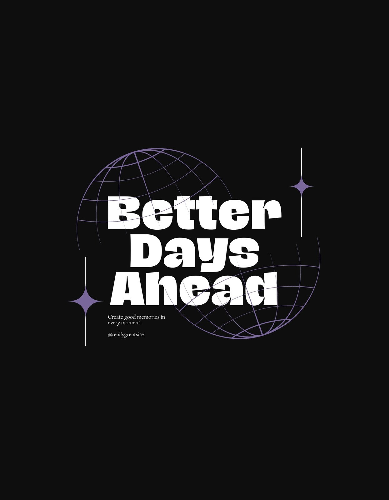 Egy modern dizájnú, inspiráló szöveggel ellátott grafika, ami „Better Days Ahead” feliratot tartalmaz, ívelt geometriai formákkal és csillagokkal díszítve. 