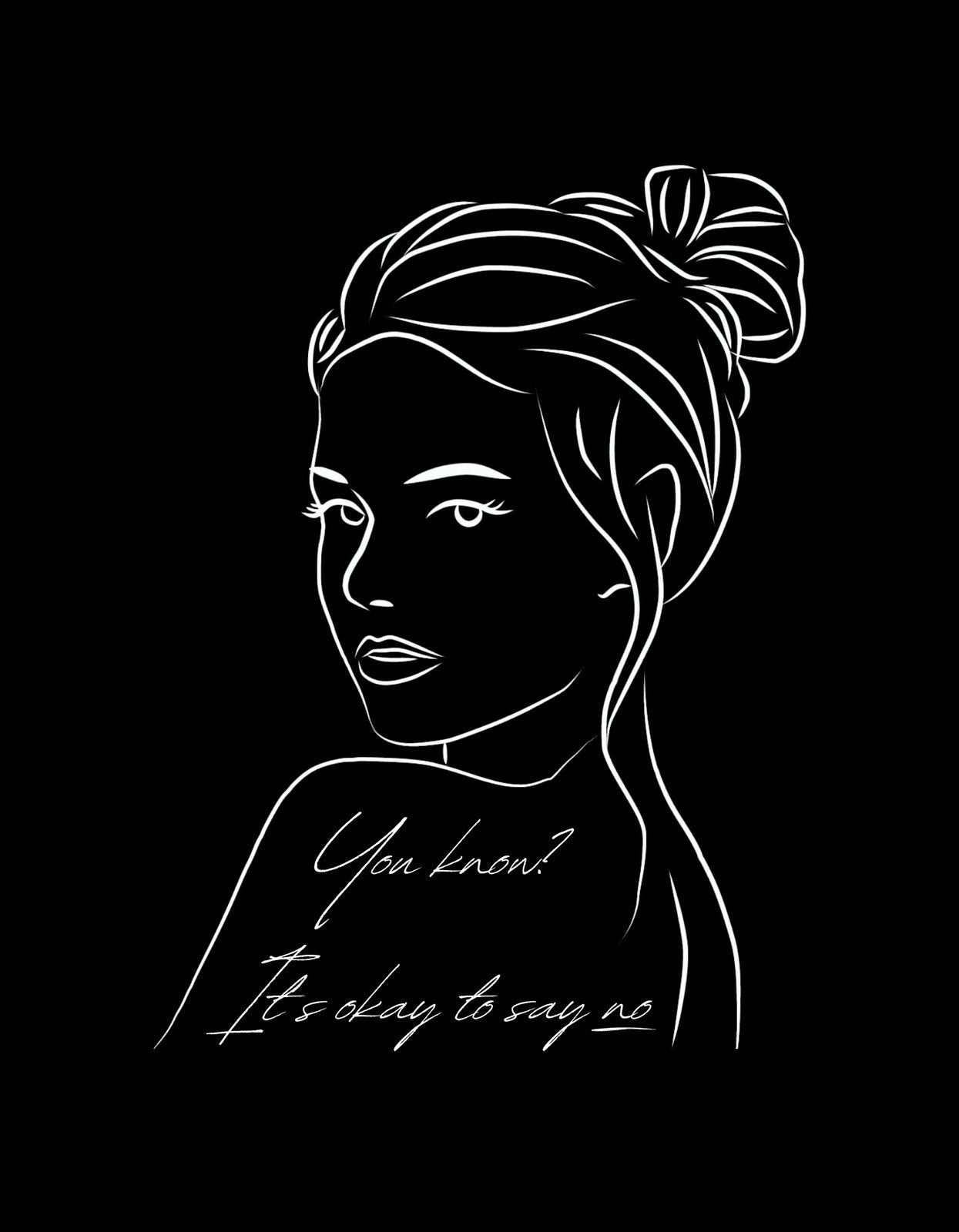 Egy elegáns, minimalista női profil képe, fekete háttérrel és fehér vonal-illusztrációval, egy erős üzenettel: "You know? It's okay to say no". 