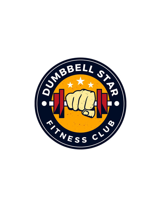 Egy markáns ököl zárja össze a súlyzót egy sárga háttér előtt, körötte felirat hirdeti a "Dumbbell Star Fitness Club"-ot egy klasszikus, jellegzetes embléma formájában. 