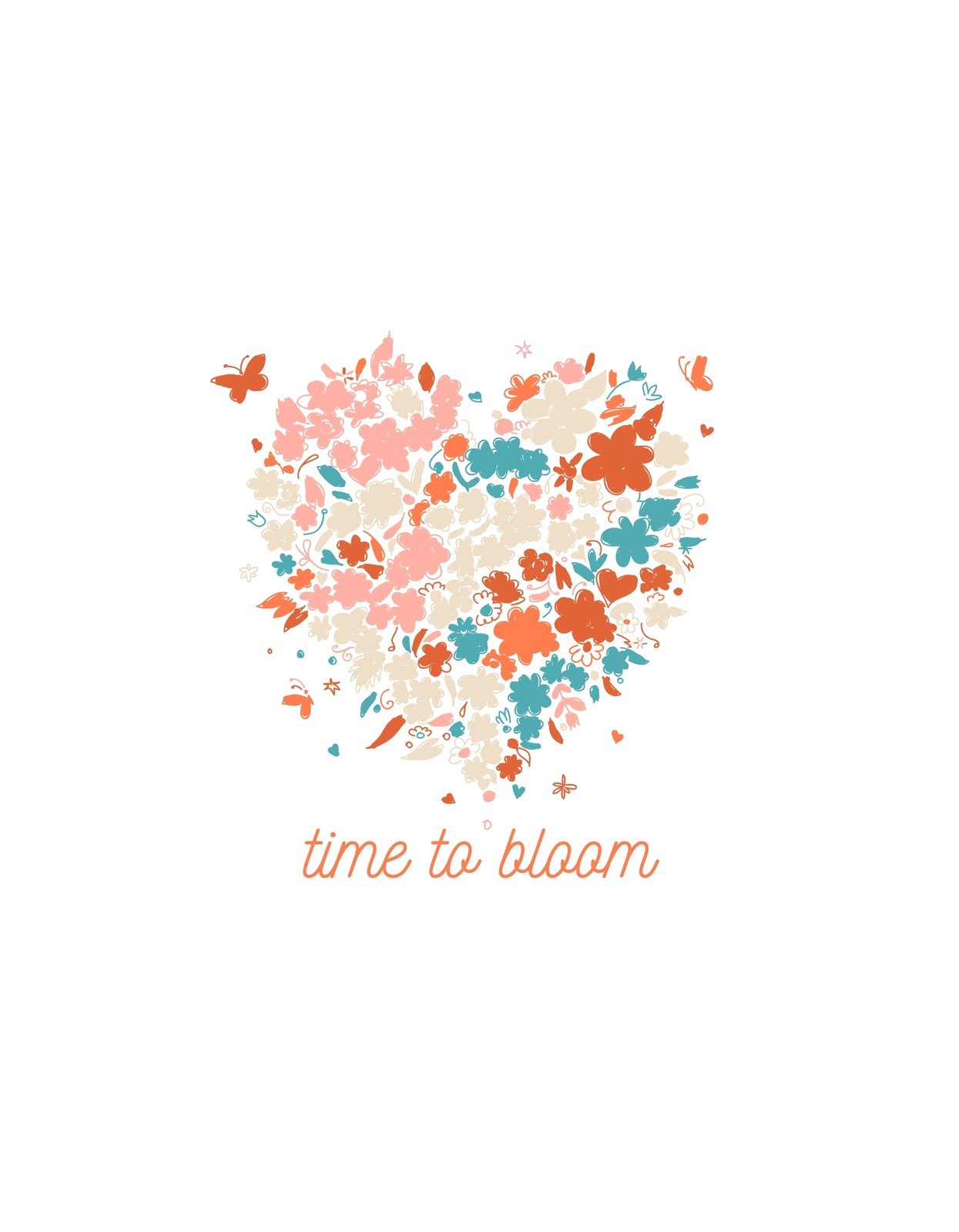 Egy szívet formázó, különböző színekben pompázó virágmintás dizájn, amelyet lepkék egészítenek ki, az alján "time to bloom" felirattal. 