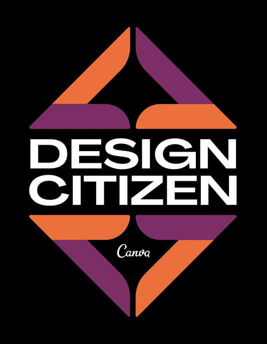 Minimalista dizájnú alkotás, amely egy geometriai alakzatot ábrázol lila és narancssárga színekkel, valamint a "DESIGN CITIZEN" feliratot fehér színnel. 