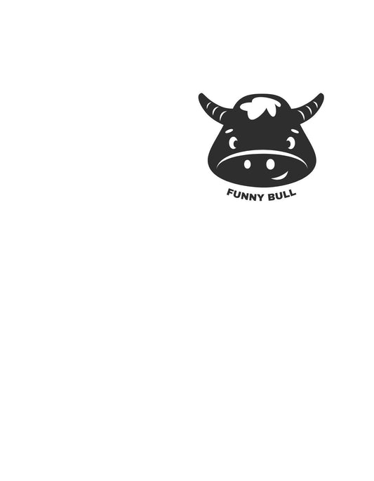 Egy vidám bikát ábrázol a kép, fekete-fehér színkombinációban, aki humoros hangulatot áraszt. Alul a "FUNNY BULL" felirat olvasható, amely méginkább kiemeli a dizájn játékos jellegét. 