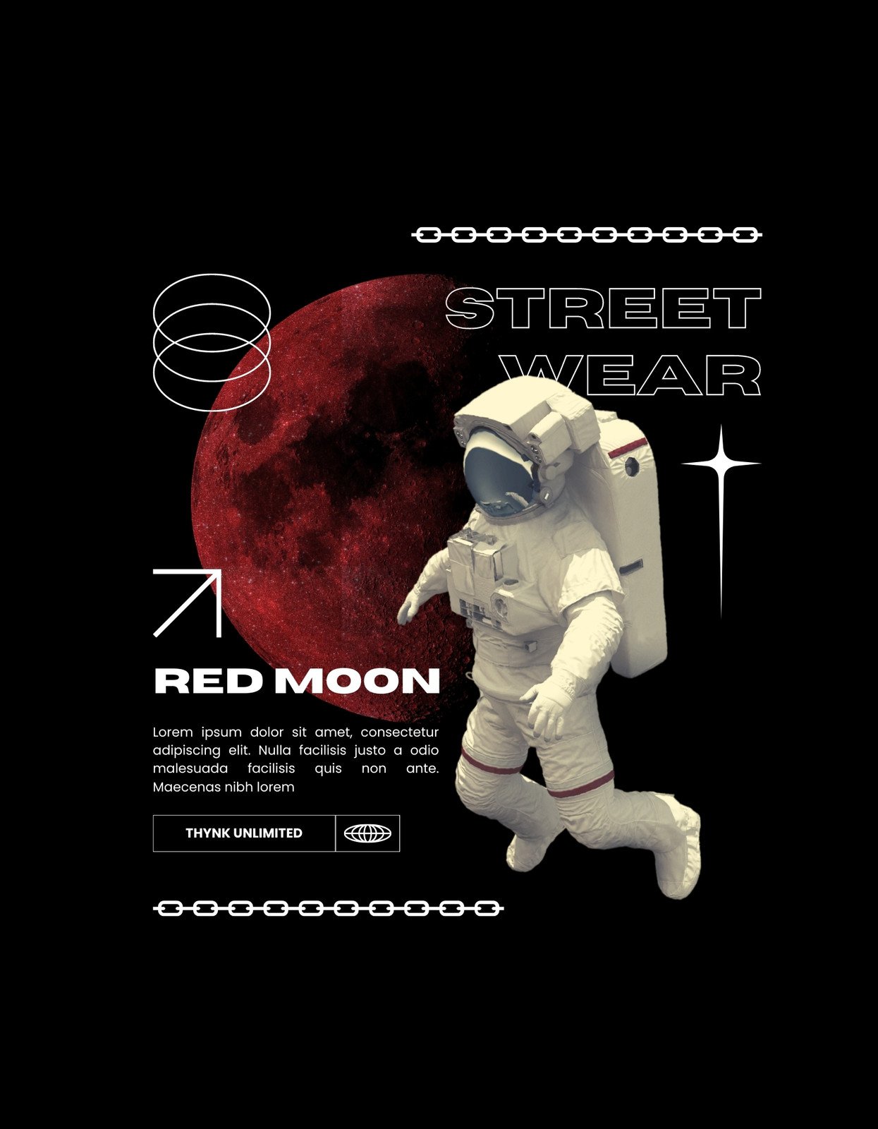 Egy űrhajóst ábrázoló modern design, piros holdal háttérben és feltűnő "STREET WEAR RED MOON" felirattal. Az űrkutatás és az utcai divat inspirálta egyedi megjelenés. 