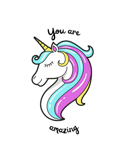 Egy vidám, színes egyszarvú portréját ábrázoló kép, mellette a "You are amazing" felirattal, ami nagyszerűségedet hivatott kihangsúlyozni. 