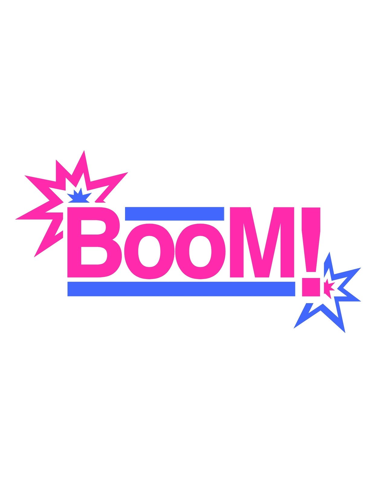 Robbanásos hangulatú dizájn, amely a "BooM!" szót ábrázolja dinamikus betűtípussal, kiegészítve látványos robbanásokkal. 