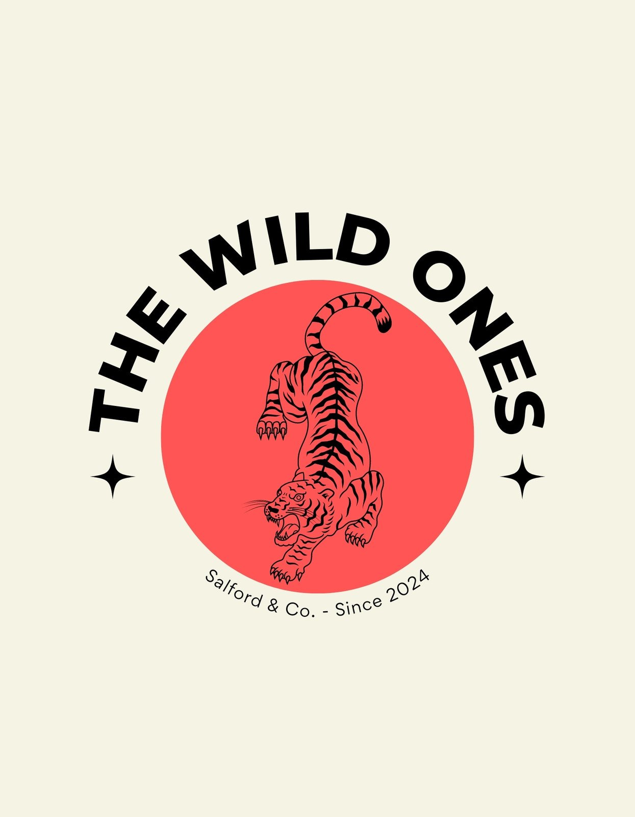 Lendületes tigris egy piros körben, "THE WILD ONES" felirattal és csillagokkal keretezve, vintage hatású dizájnnal. 