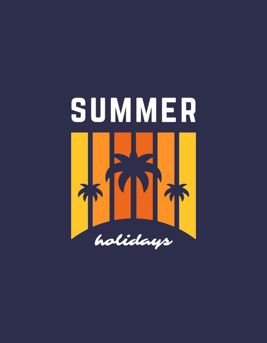 Egy nyári hangulatot árasztó grafika, ahol a naplementét mintázó színes csíkok mögött pálmafák láthatók a "SUMMER" és "holidays" feliratokkal. 