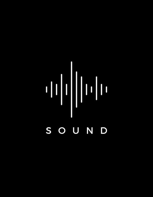 Ez a kép egy grafikus hanghullám dizájnt mutat fekete háttérrel, fehér "SOUND" felirattal alul. Az egyszerű, mégis hatásos design modern és minimalista stílusban jeleníti meg a zene és hang szeretetét. 