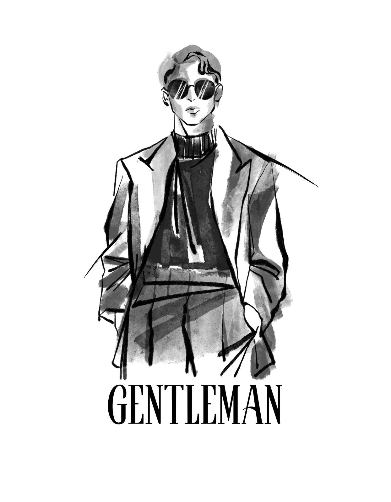 Egy elegáns férfi ábrázolása modern, városi hangulatban, aki napszemüveget visel és divatos öltözékben jelenik meg, az alatta lévő "GENTLEMAN" felirattal kihangsúlyozva a stílusérzékét és magabiztosságát. 