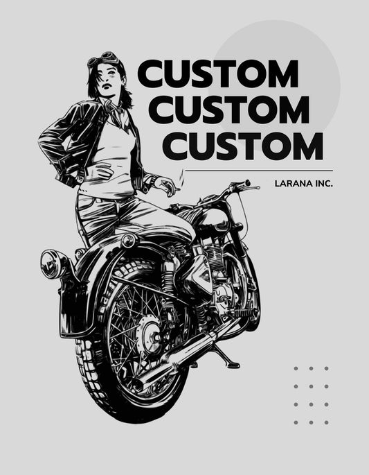 Egy menő, bőrdzsekis női motoros ábrázolása egy klasszikus stílusú motoron, mellette a "CUSTOM" szó ismétlődése hangsúlyos, modern betűtípussal. 