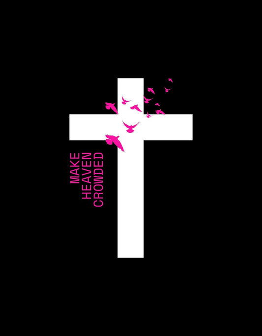 Egy fehér kereszt látható az intenzív fekete háttér előtt, színes madár rajzokkal és a "MAKE HEAVEN CROWDED" felirattal díszítve. Az egyedülálló design és a rózsaszín madarak illúziót keltik a szabadságról és a hitről. 